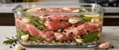 Meat marinating in Don Esteban salmuera with garlic and rosemary